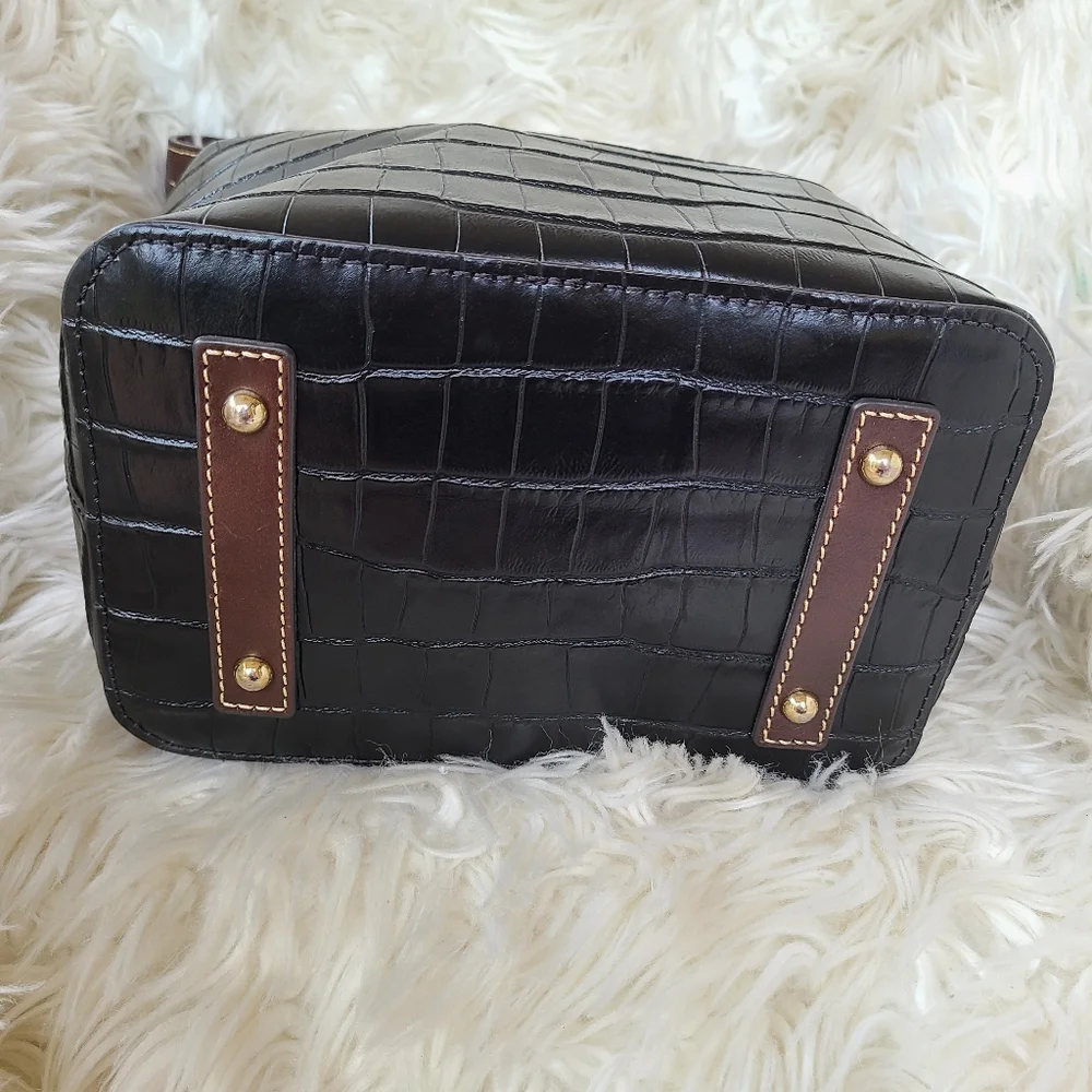 Dooney & Bourke Black Croc-Embossed Leather Hobo with Brown Tassel